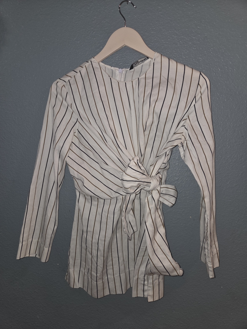 Zara White Long-Sleeve Striped Tie-Front Mini Dress